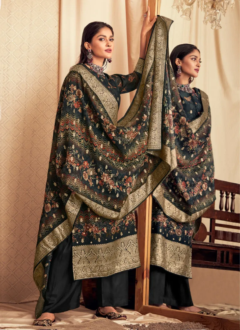 Charcoal Black Printed Viscose Jacquard Salwar Kameez