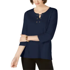 Charter Club Women's Petite Lace-Up Top Shirt 3/4 Sleeve