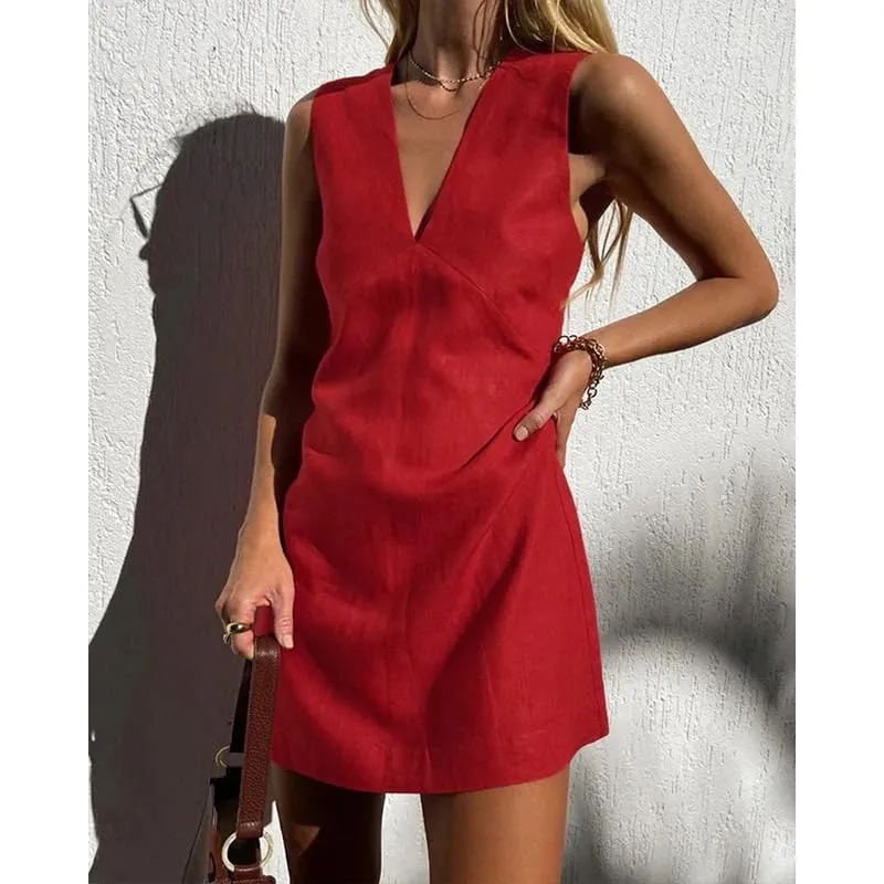 Chouyatou Women's Summer Sleeveless Mini Dress Cotton Linen V Neck Cinched A Line Slim Tank Short Dress