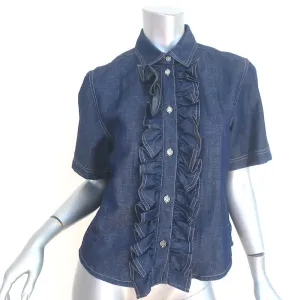 Christian Dior Ruffled Denim Shirt Indigo Size US 6 Short Sleeve Blouse