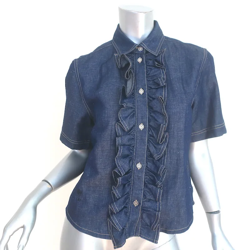 Christian Dior Ruffled Denim Shirt Indigo Size US 6 Short Sleeve Blouse