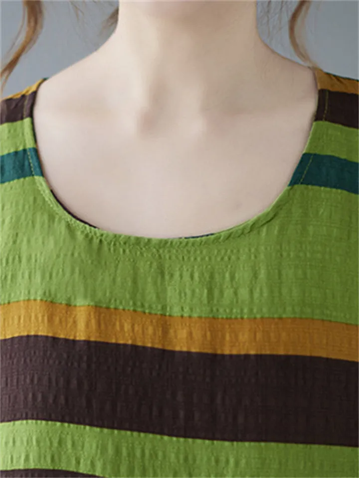 Contrast Color Striped Cotton Linen Scoop Neck T-shirt for Women