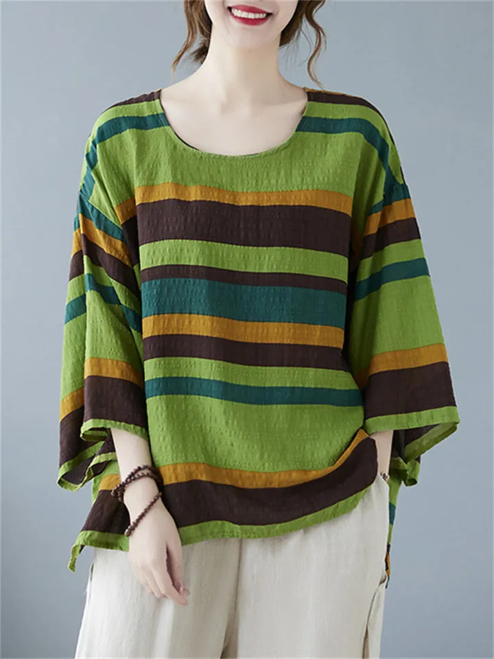 Contrast Color Striped Cotton Linen Scoop Neck T-shirt for Women