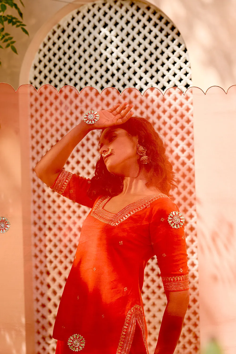 Coral Red Embroidered Sharara Set With Gota Patti And Nakkshi Work