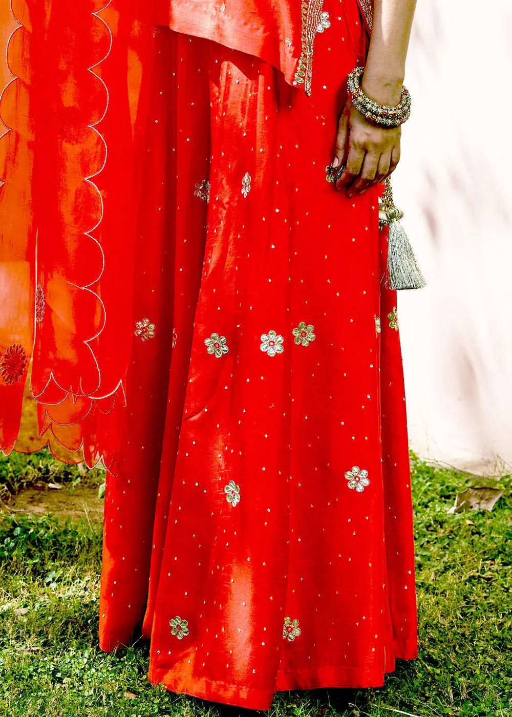 Coral Red Embroidered Sharara Set With Gota Patti And Nakkshi Work