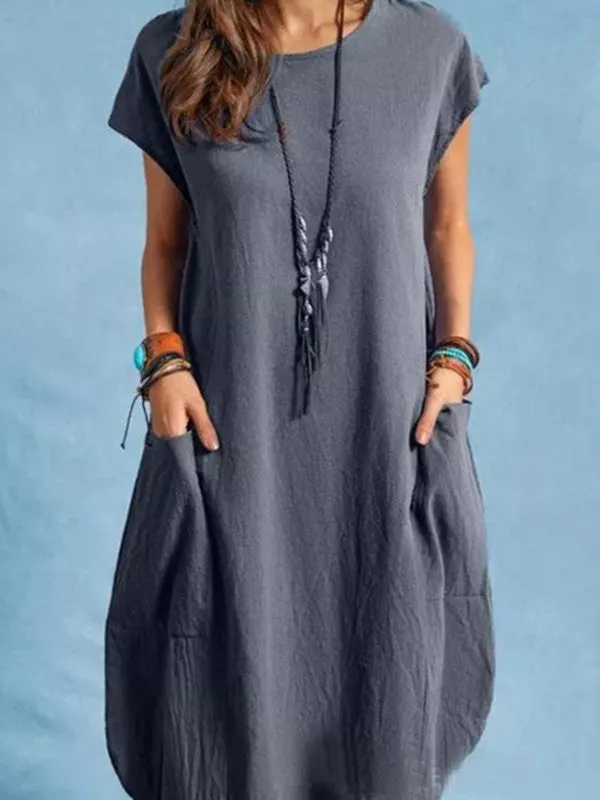 Cotton Linen Casual Loose Solid Color Pocket Dress