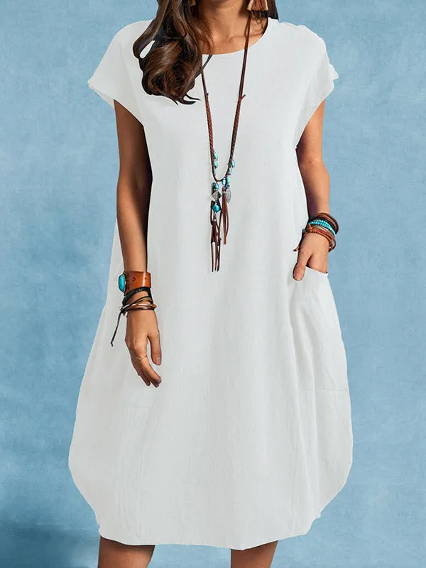 Cotton Linen Casual Loose Solid Color Pocket Dress