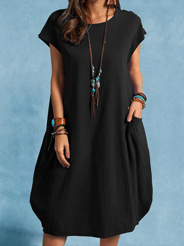 Cotton Linen Casual Loose Solid Color Pocket Dress