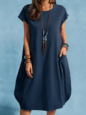 Cotton Linen Casual Loose Solid Color Pocket Dress