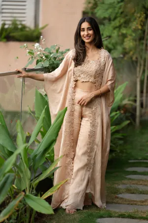 Crochet Cape With Embroidered Blouse And Pants