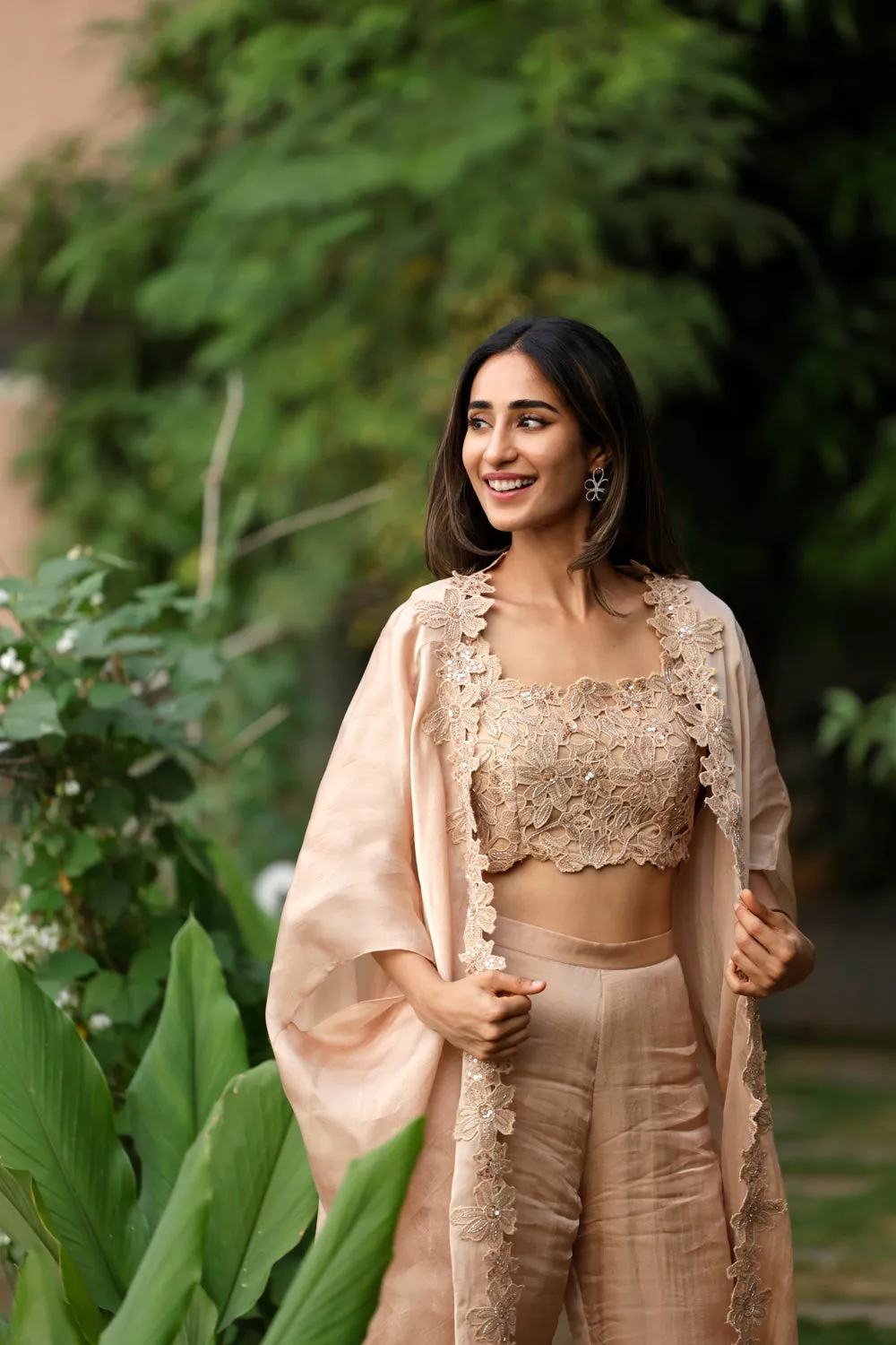 Crochet Cape With Embroidered Blouse And Pants