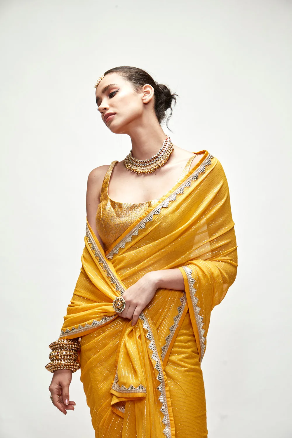 Dandelion Yellow Mettalic Saree Set