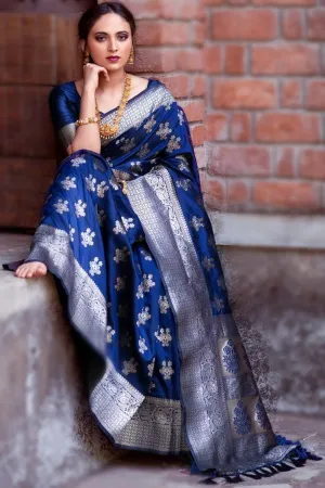 Denim Blue Soft Banarasi Silk Weaving Silver Zari Saree With Blouse