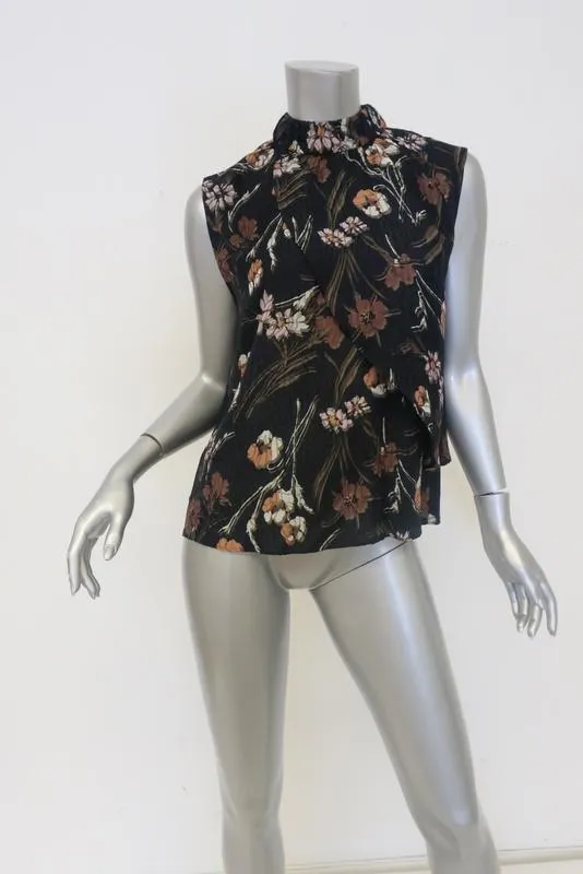 Derek Lam 10 Crosby Top Black Floral Print Size 4 Sleeveless Drape-Over Blouse