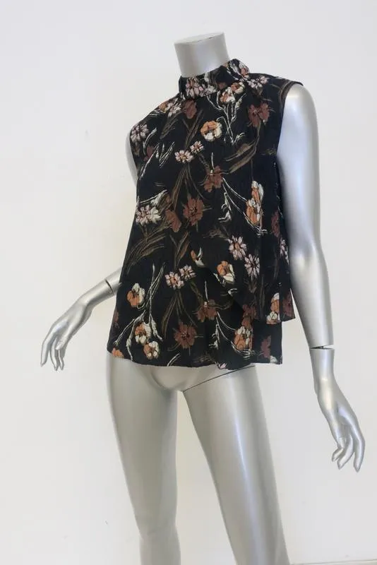 Derek Lam 10 Crosby Top Black Floral Print Size 4 Sleeveless Drape-Over Blouse
