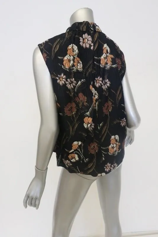 Derek Lam 10 Crosby Top Black Floral Print Size 4 Sleeveless Drape-Over Blouse
