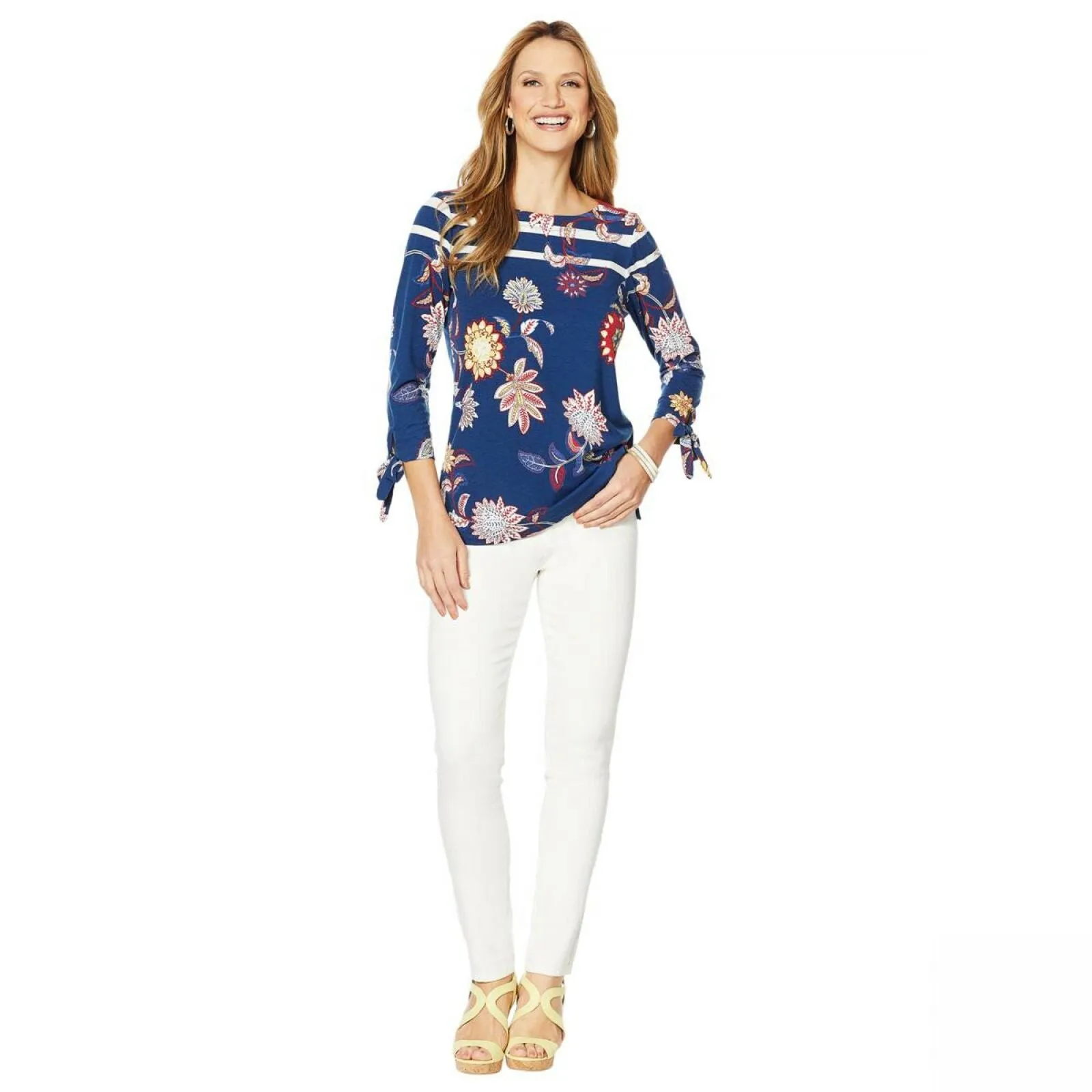 DG2 by Diane Gilman Women's 3/4 Tie Sleeve Printed Striped T-Shirt Navy Plus 1X