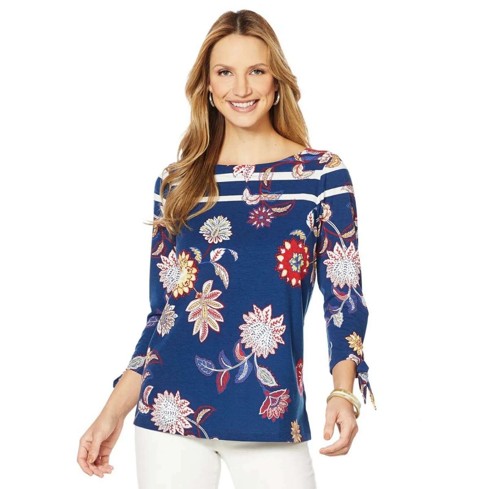 DG2 by Diane Gilman Women's 3/4 Tie Sleeve Printed Striped T-Shirt Navy Plus 1X