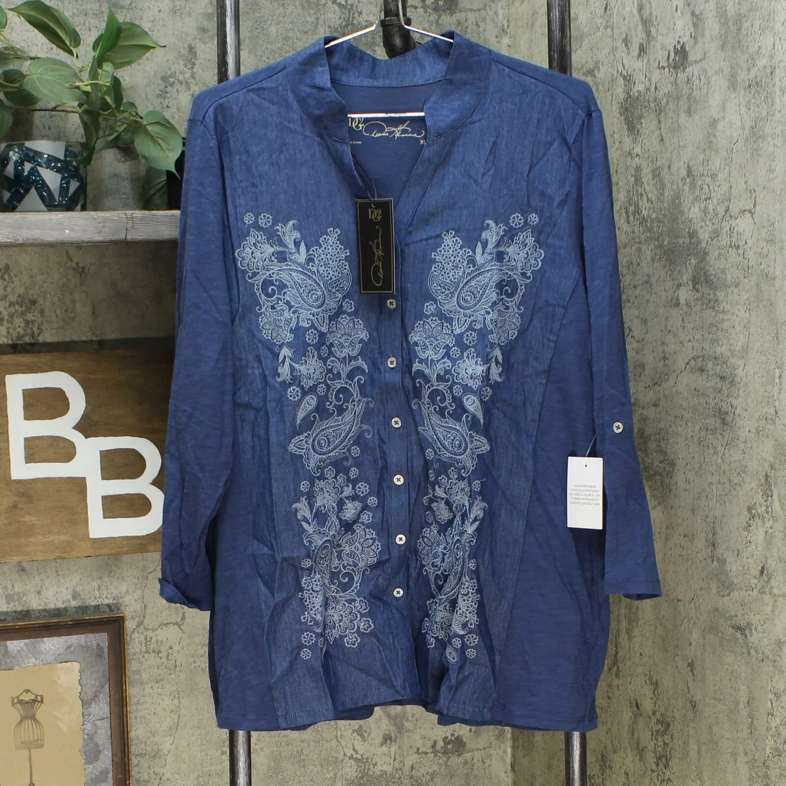 DG2 by Diane Gilman Women's Embroidered Mixed Media Denim Top