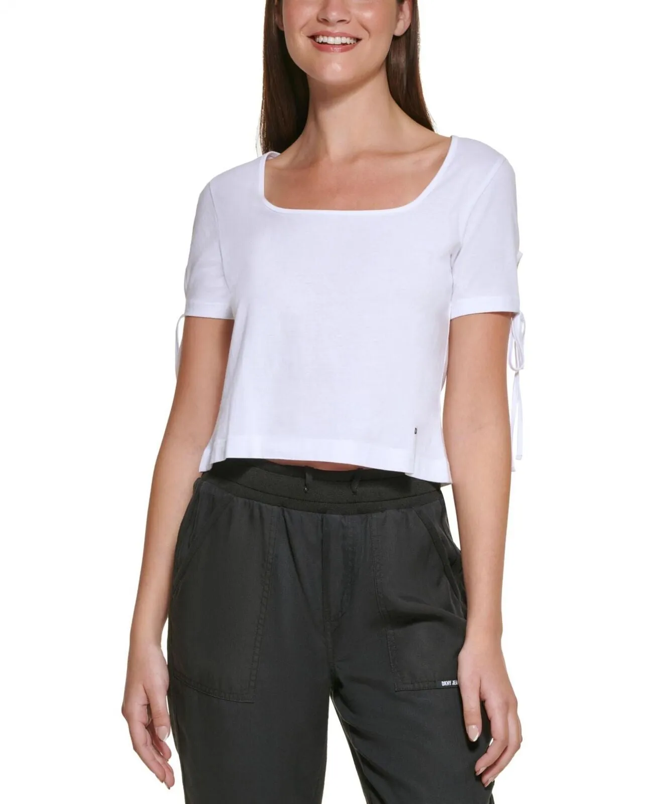 Dkny Jeans Women's Cropped Tied-Sleeve T-Shirt E22F8HIG White L