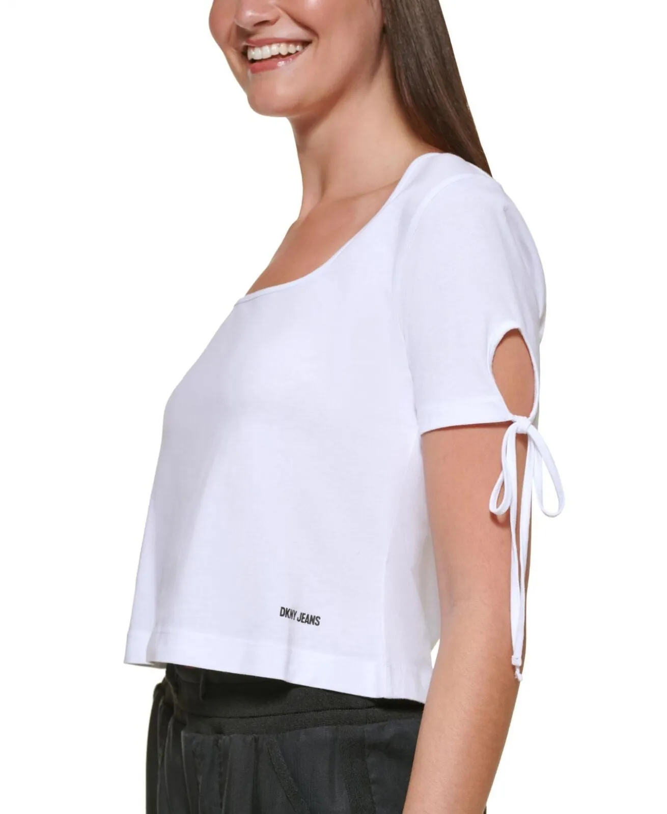 Dkny Jeans Women's Cropped Tied-Sleeve T-Shirt E22F8HIG White L
