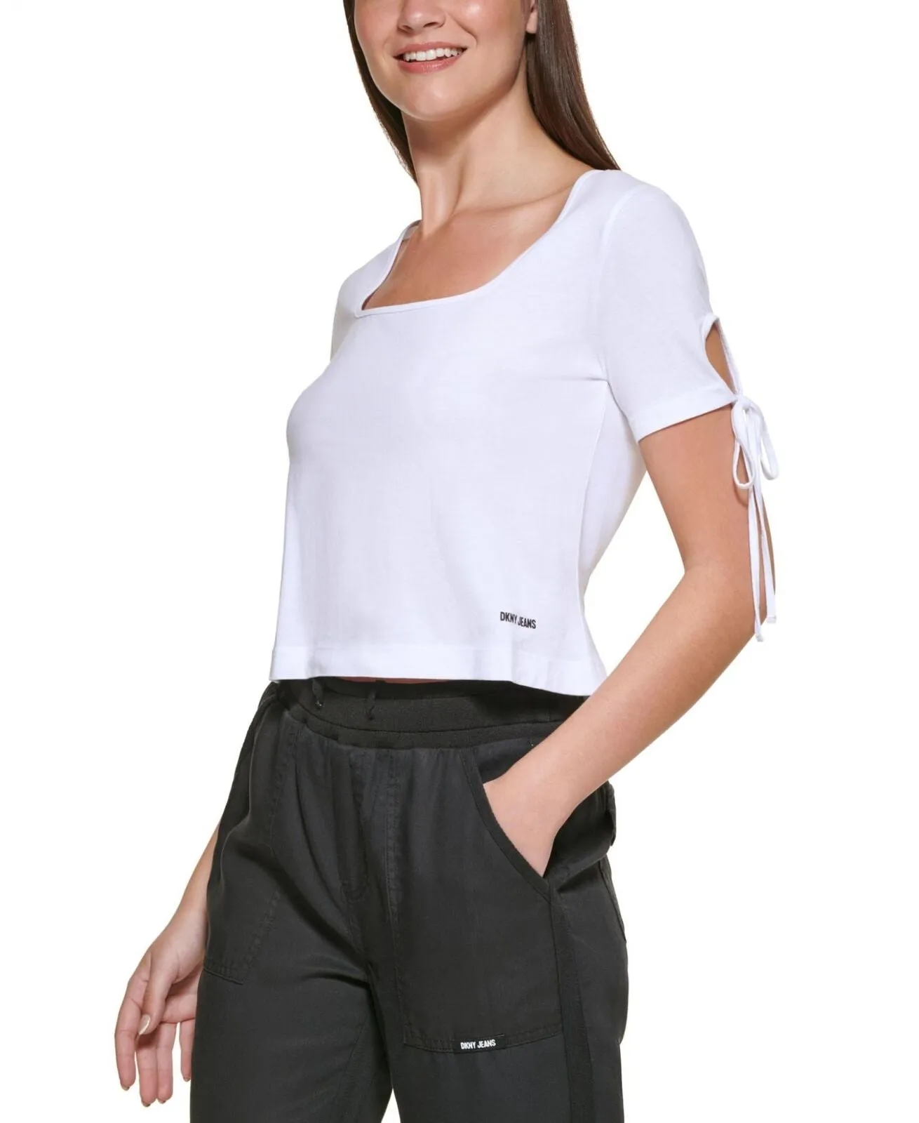 Dkny Jeans Women's Cropped Tied-Sleeve T-Shirt E22F8HIG White L