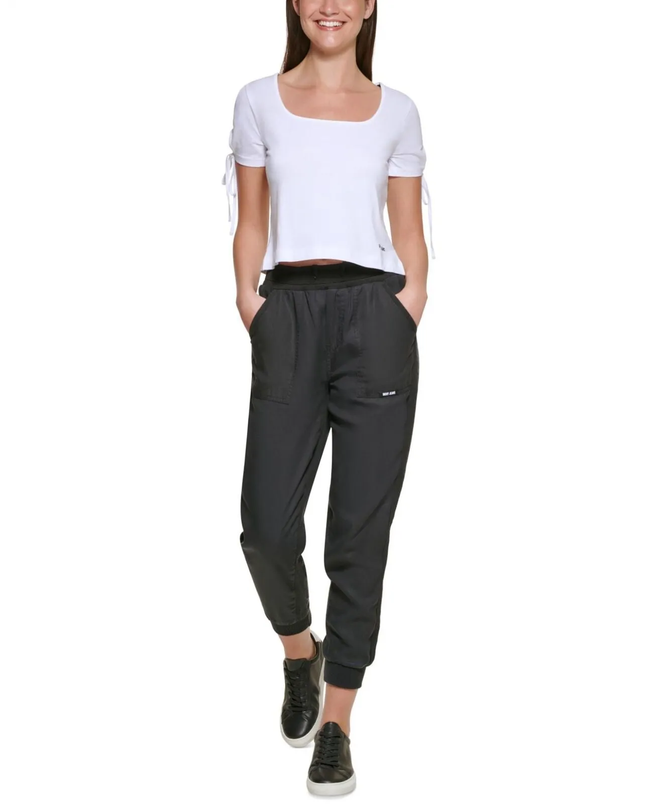 Dkny Jeans Women's Cropped Tied-Sleeve T-Shirt E22F8HIG White L