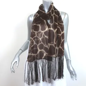 Dolce & Gabbana Foulards Fringe Scarf Brown Giraffe Print Silk Chiffon