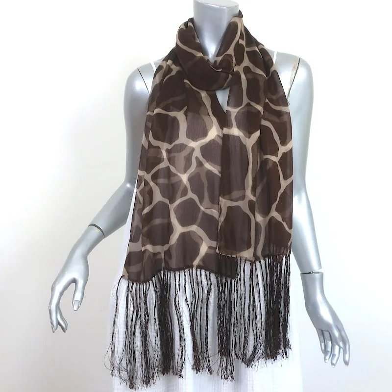 Dolce & Gabbana Foulards Fringe Scarf Brown Giraffe Print Silk Chiffon