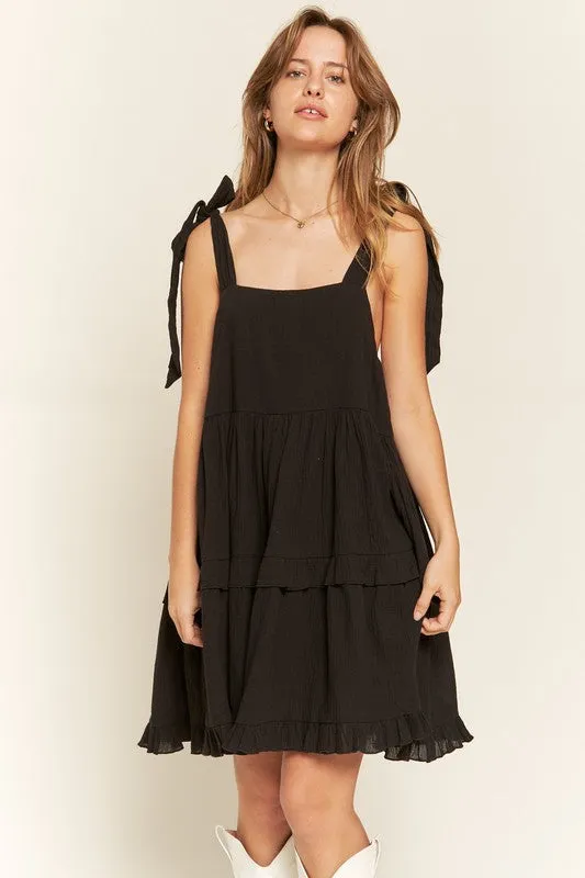 Edwina Square Neck Ruffle Mini Dress – Black, Adjustable Straps