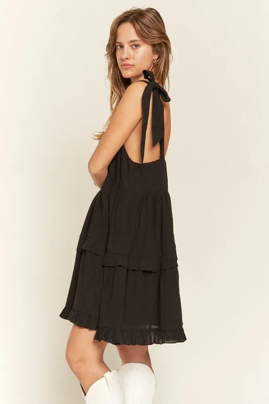 Edwina Square Neck Ruffle Mini Dress – Black, Adjustable Straps