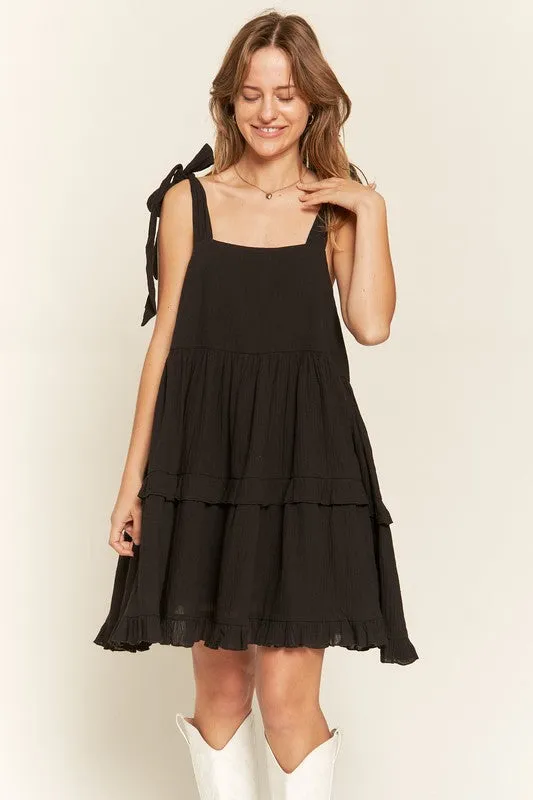 Edwina Square Neck Ruffle Mini Dress – Black, Adjustable Straps