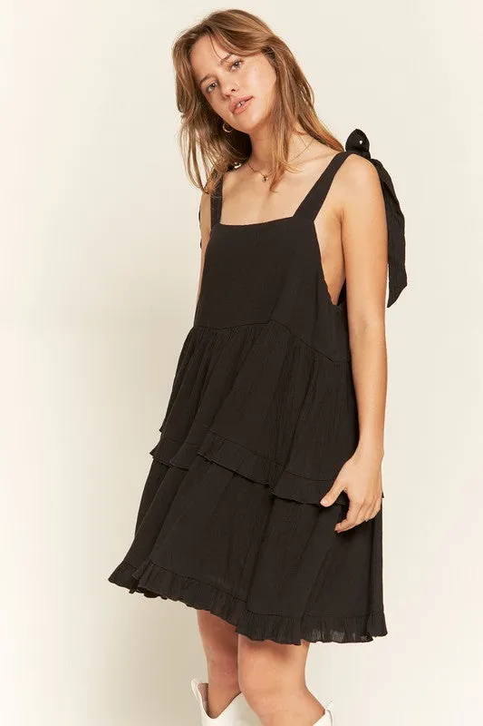 Edwina Square Neck Ruffle Mini Dress – Black, Adjustable Straps