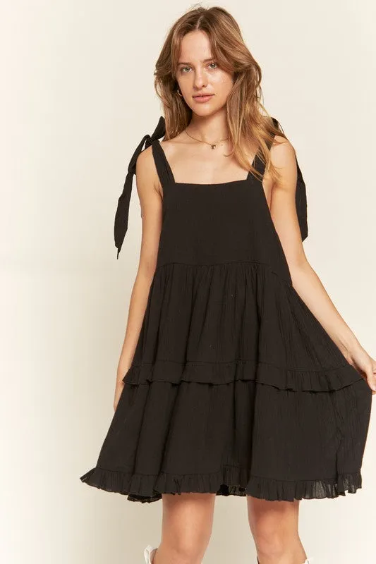 Edwina Square Neck Ruffle Mini Dress – Black, Adjustable Straps
