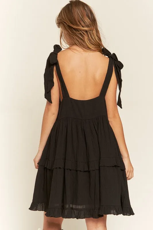Edwina Square Neck Ruffle Mini Dress – Black, Adjustable Straps