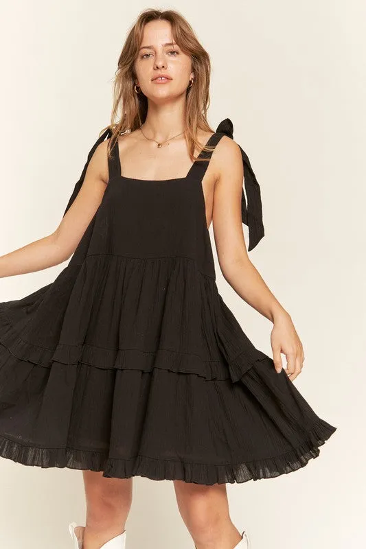 Edwina Square Neck Ruffle Mini Dress – Black, Adjustable Straps