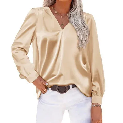 Elegant Women’s Satin Long Sleeve Shirt | Autumn/Winter Imitation Silk Office Lapel Blouse
