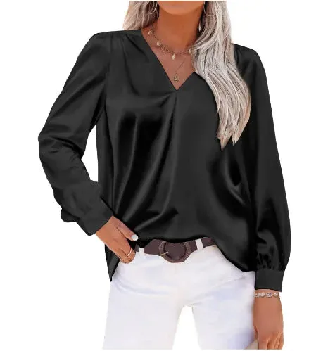 Elegant Women’s Satin Long Sleeve Shirt | Autumn/Winter Imitation Silk Office Lapel Blouse