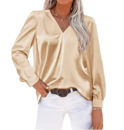 Elegant Women’s Satin Long Sleeve Shirt | Autumn/Winter Imitation Silk Office Lapel Blouse