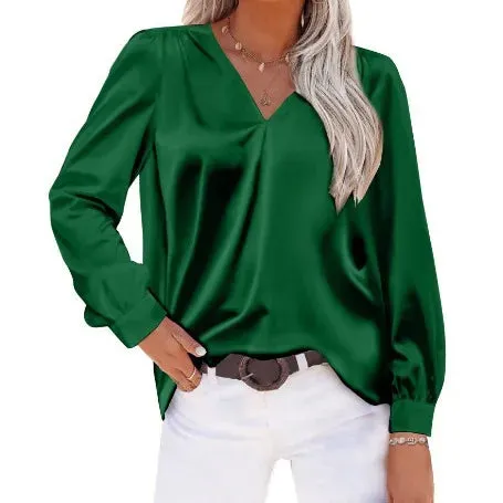 Elegant Women’s Satin Long Sleeve Shirt | Autumn/Winter Imitation Silk Office Lapel Blouse