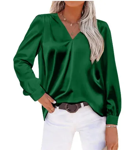 Elegant Women’s Satin Long Sleeve Shirt | Autumn/Winter Imitation Silk Office Lapel Blouse