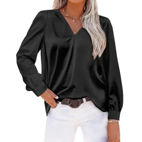 Elegant Women’s Satin Long Sleeve Shirt | Autumn/Winter Imitation Silk Office Lapel Blouse