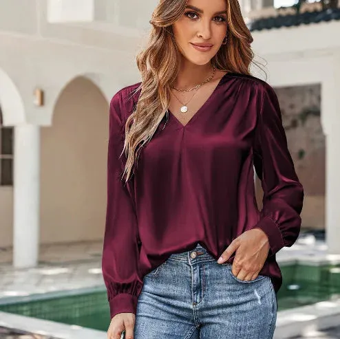 Elegant Women’s Satin Long Sleeve Shirt | Autumn/Winter Imitation Silk Office Lapel Blouse