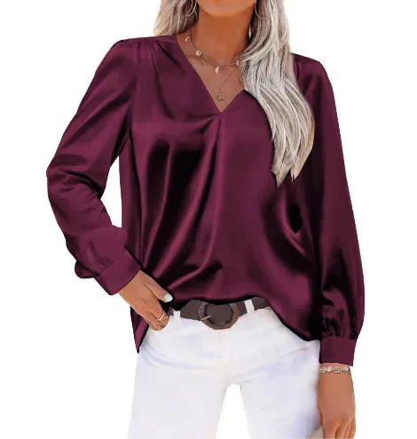 Elegant Women’s Satin Long Sleeve Shirt | Autumn/Winter Imitation Silk Office Lapel Blouse