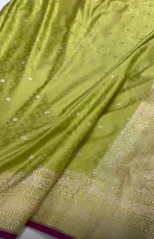 Exclusive & Beautiful Pure Mashru Silver Zari Satin Silk Olive Drab Saree
