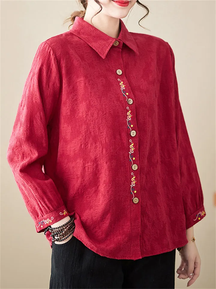 Female Chinese Floral Embroideried Lapel Button Up Linen Shirt