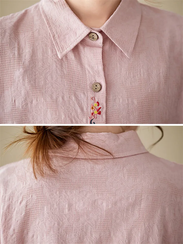 Female Chinese Floral Embroideried Lapel Button Up Linen Shirt