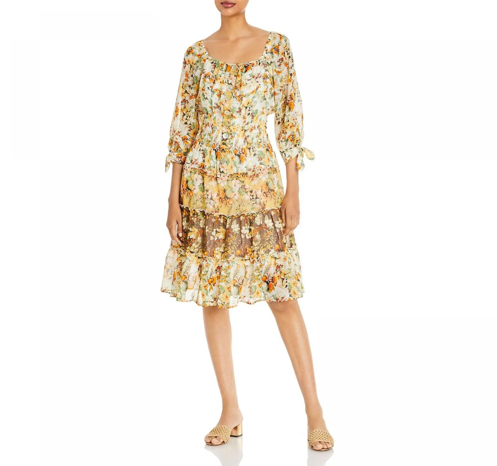 Figueroa & Flower Button-Front Tie-Sleeve Tiered Midi Dress Gold / Ivory L