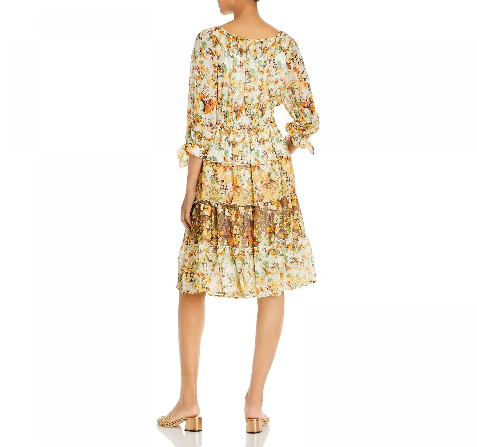 Figueroa & Flower Button-Front Tie-Sleeve Tiered Midi Dress Gold / Ivory L