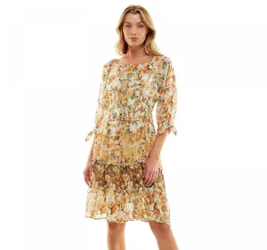 Figueroa & Flower Button-Front Tie-Sleeve Tiered Midi Dress Gold / Ivory L